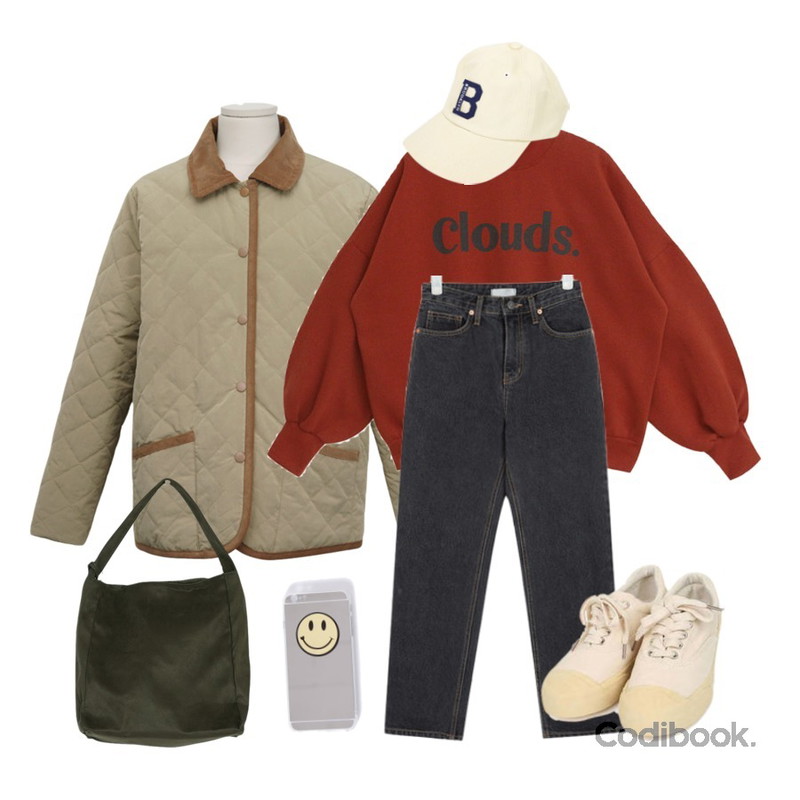 AIN shadow denim pants (s, m),From Beginning Port quilting snap jacket_H (size : free),TODAY ME 플린 맨투맨등을 매치한 코디