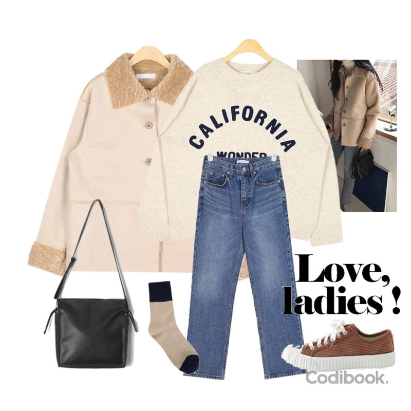AIN california wool round knit,MINIBBONG 베어 무스탕자켓,AIN adorable mood mustang등을 매치한 코디