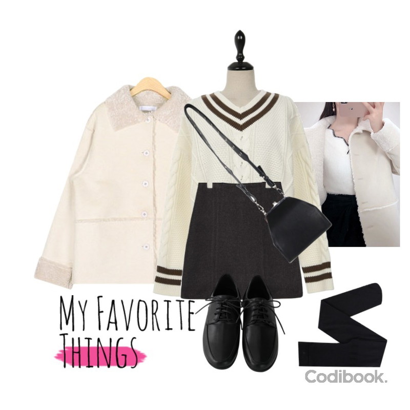 UPTOWN HOLIC 스쿨 클린 knit (*4color),SOMEDAYS 배색 카라무스탕(크림,그레이),AIN adorable mood mustang등을 매치한 코디
