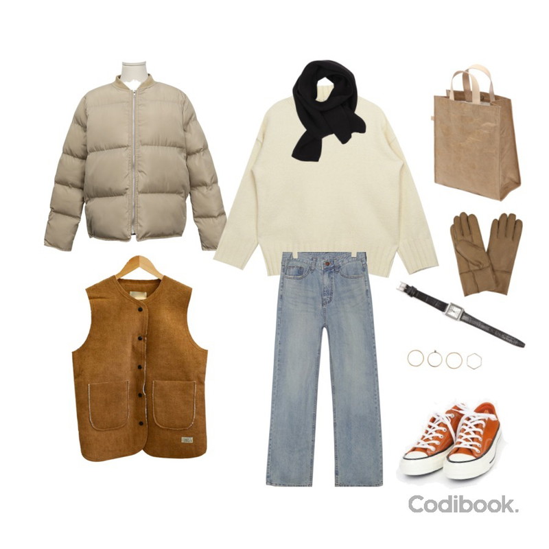 From Beginning Map light simple padding_K (size : free),MASHYELLOW 베리 양털 무스탕 베스트 (2colors),MIXXMIX Half High-neck Soft Knit Top등을 매치한 코디