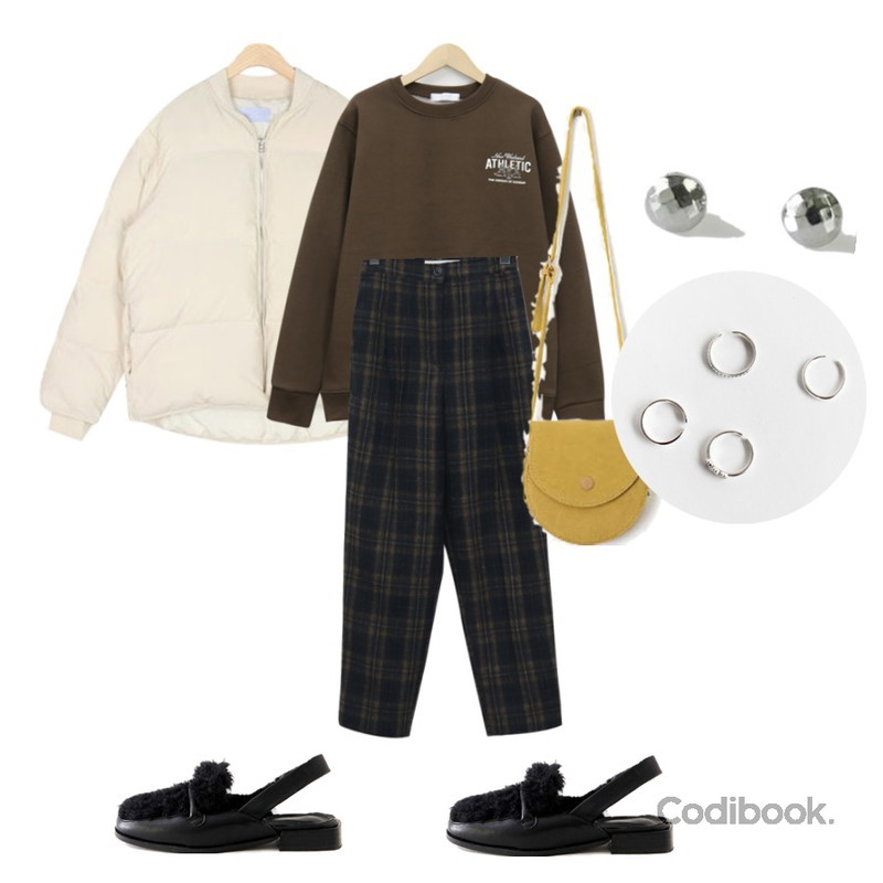 AIN wonder short padding,From Beginning Modi check wool pants_S (울 40%) (size : free),From Beginning Sunday cotton mtm_B (기모) (size : free)등을 매치한 코디