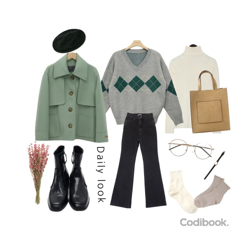 ROCOSIX singel pastel socks,BLINGIT 도톰아가일V니트,common unique [TOP] 6 COLOR SLIT TURTLE NECK KNIT등을 매치한 코디