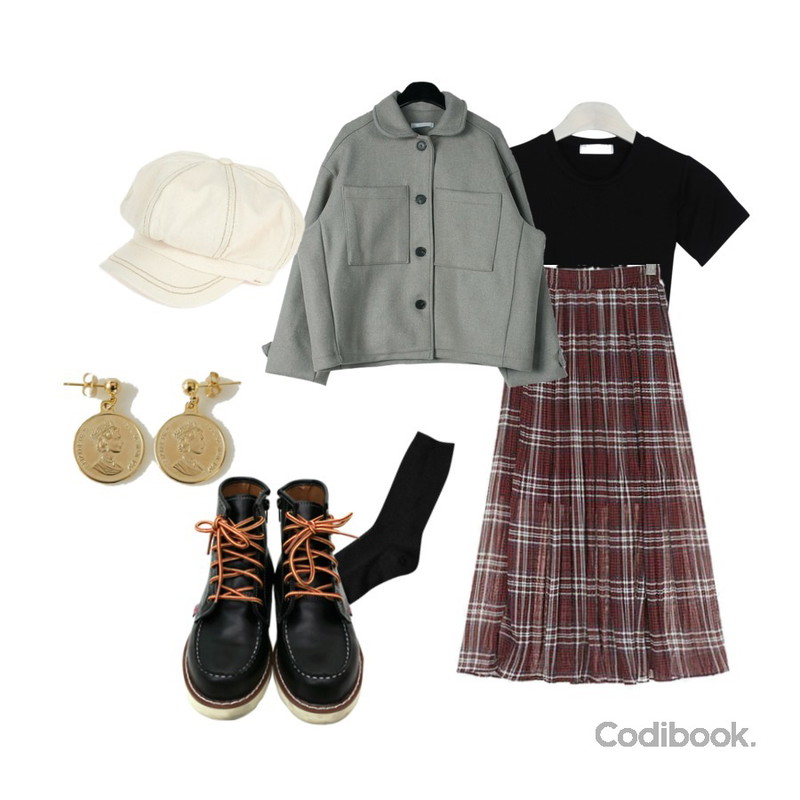 GIRLS RULE 인 더 무지 크롭티 (t4809),ROCOSIX 스무디 밴딩 스커트,daily monday Sturdy wool short jacket등을 매치한 코디