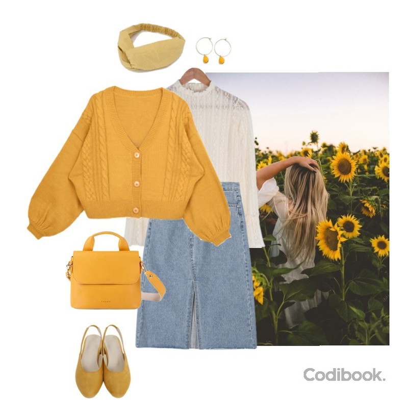 Reine 티니 슬릿 데님 스커트,sunflowers,BULLANG GIRL 슈슈포인트망사BL등을 매치한 코디