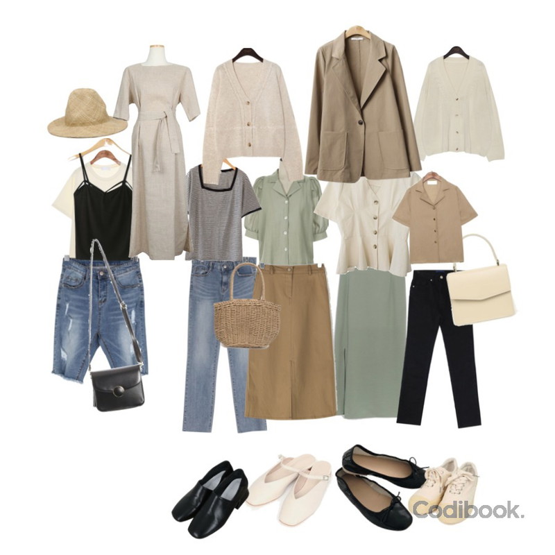 BULLANG GIRL 가볍게입자5부데님P,common unique [TOP] LE MARAIS LETTERING 1/2 T,common unique [OUTER] SLENDER V NECK KNIT CARDIGAN등을 매치한 코디