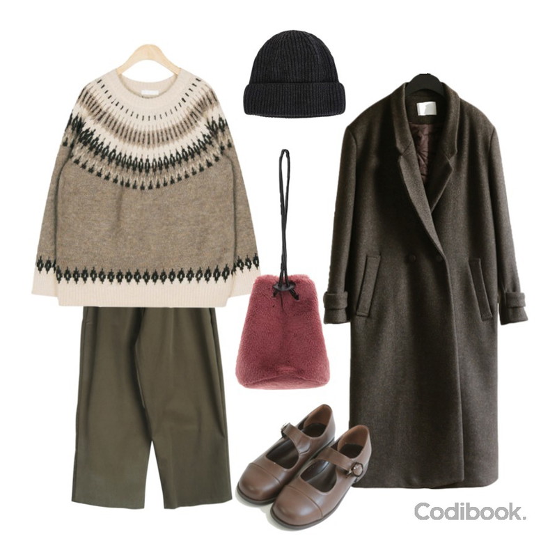 AFTERMONDAY crude mannish long coat (3colors),GIRLS RULE 데일리 피치 트윌팬츠 (pt1817),AIN bobby snow knit등을 매치한 코디