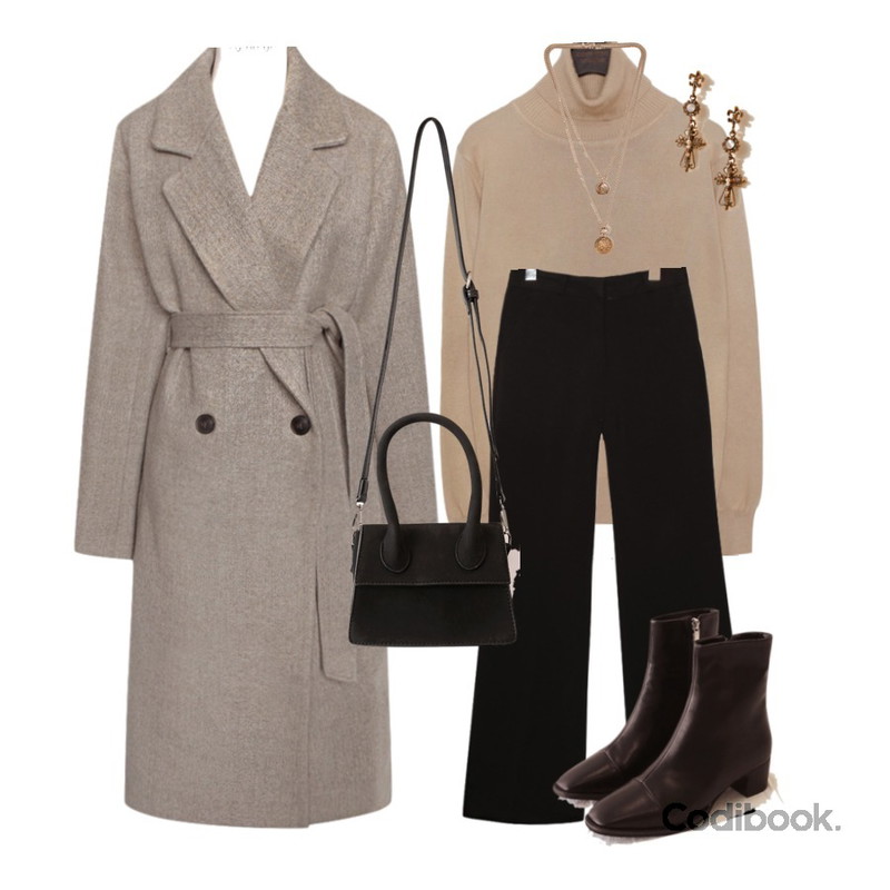 common unique F/W URBAN NATURAL BOOTS SLACKS,common unique GREAT WOOL STRAP LONG COAT,common unique GROVE BASIC TURTLE NECK KNIT등을 매치한 코디