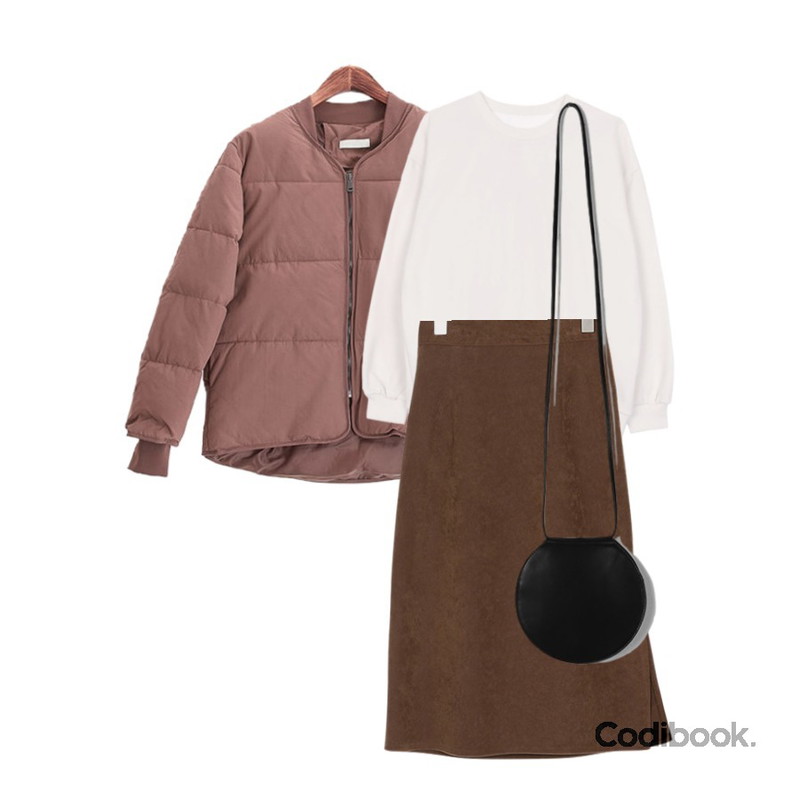 somedayif thin corduroy slit skirt (4colors),ROCOSIX 구름 패딩 점퍼,biznshoe Basic napping mtm (7colors)등을 매치한 코디