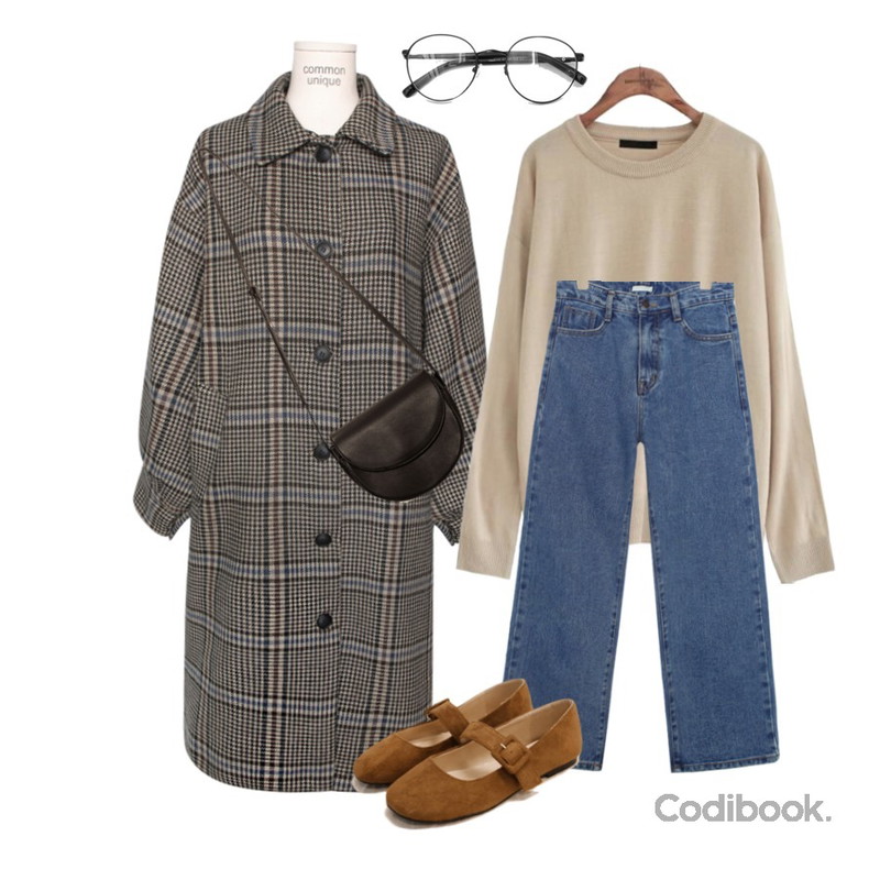 common unique [TOP] DEEP COLOR ROUND NECK KNIT,common unique [OUTER] HOUND CHECK SINGLE WOOL COAT,common unique BACK TO STRAIGHT DENIM PANTS등을 매치한 코디