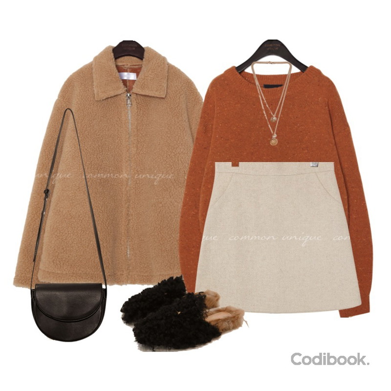 common unique [TOP] ANNE LAMB`S WOOL 50% BOKASHI KNIT,common unique SEND DUMBLE SHEARING JUMPER,common unique SLOW HERRINGBONE WOOL MINI SKIRT등을 매치한 코디