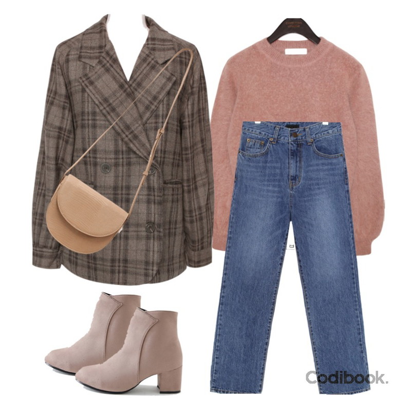 common unique CLOUD ANGORA ROUND KNIT,common unique CODE STRAIGHT DENIM PANTS,LOVELY SHOES 페르하 앵클부츠 6cm등을 매치한 코디