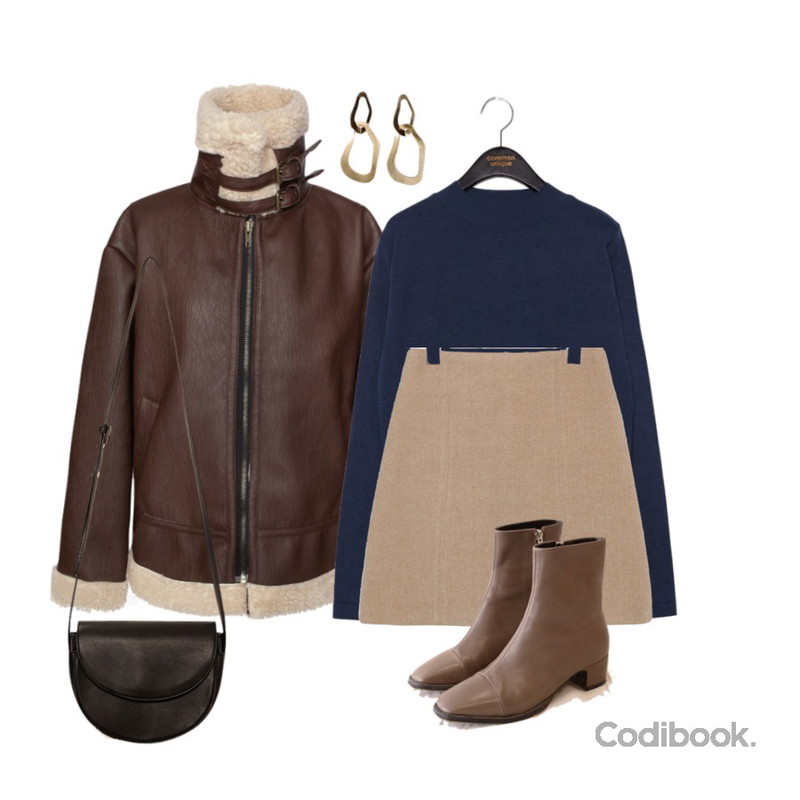 common unique [TOP] 5 COLOR HALF NECK KNIT,common unique [OUTER] FOCUS BELT HIGH NECK MUSTANG,common unique [SKIRT] TIDY SOFT NAPPING A LINE MINI SKIRT등을 매치한 코디