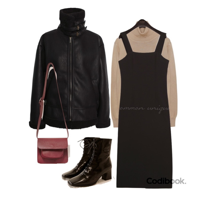 common unique [OUTER] FOCUS BELT HIGH NECK MUSTANG,common unique HAZE SLIT OVERALL LONG OPS,common unique GROVE BASIC TURTLE NECK KNIT등을 매치한 코디