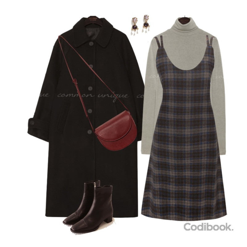 common unique [OPS] MUFFIN CHECK WOOL BUSTIER LONG OPS,common unique PLAN WOOL RAGLAN SINGLE COAT,common unique 8 COLOR POINT WOOL TURTLE NECK T등을 매치한 코디