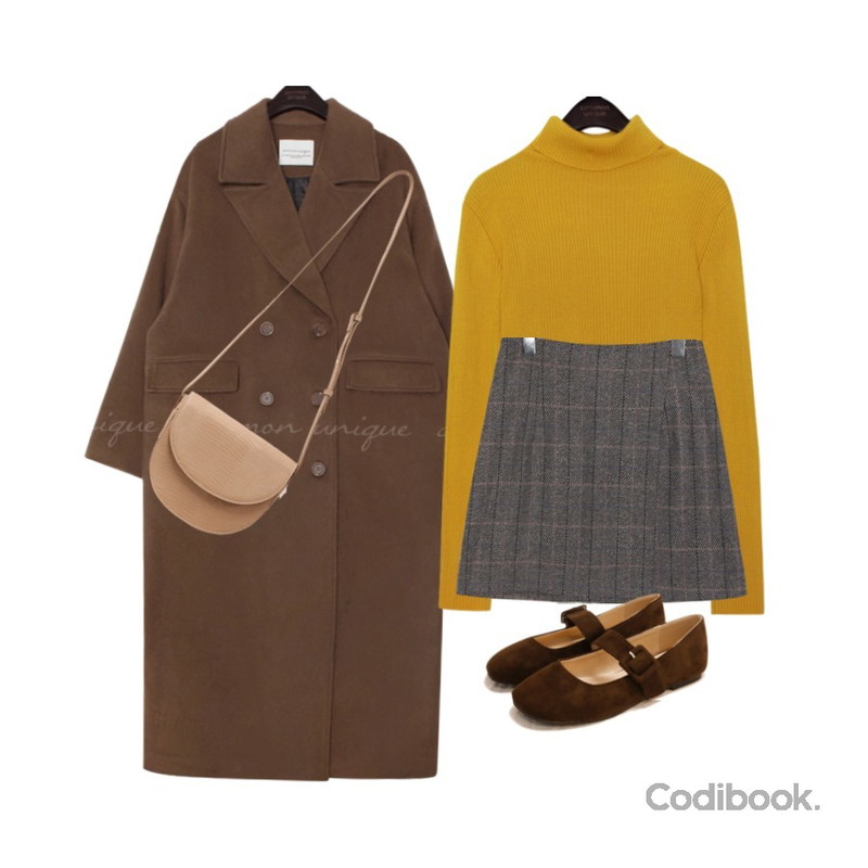 common unique [SKIRT] BARBIE CHECK WRAP MINI SKIRT,common unique 6 COLOR SUCH GOLGI TURTLE NECK KNIT,common unique GROW WOOL 80% DOUBLE LONG COAT등을 매치한 코디