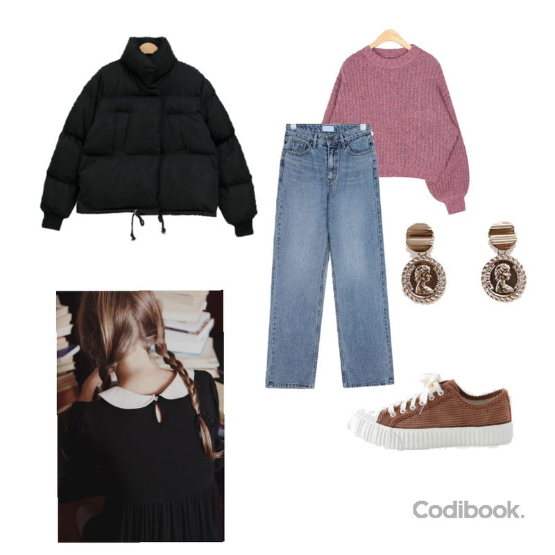 LOVELY SHOES 코듀로이 스니커즈 3cm,AIN mohair hazzi crop knit,AIN post long denim pants (s, m, l)등을 매치한 코디