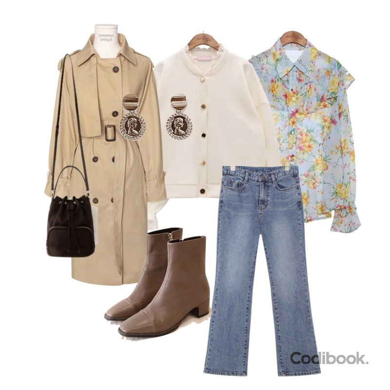 common unique [OUTER] LOVELY LACE JEWELRY CARDIGAN,common unique [TOP] MIX FLOWER RUFFLE CHIFFON BLOUSE,common unique [OUTER] GUN FLAP RAGLAN TRENCH COAT등을 매치한 코디