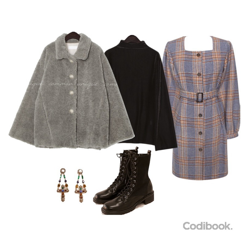 common unique [SHOES] EASY SOCKS LACE-UP WALKER,common unique ROY WOOL CHECK PINTUCK MINI OPS,common unique GLOSS VELVET RUFFLE HALF NECK T등을 매치한 코디