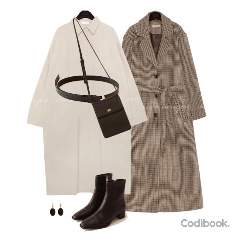 common unique [ACC] DAILY SQUARE FRAME BELT,common unique FAVOR CORDUROY SLIT LONG SHIRTS OPS,common unique HOUND CHECK WOOL LONG COAT등을 매치한 코디