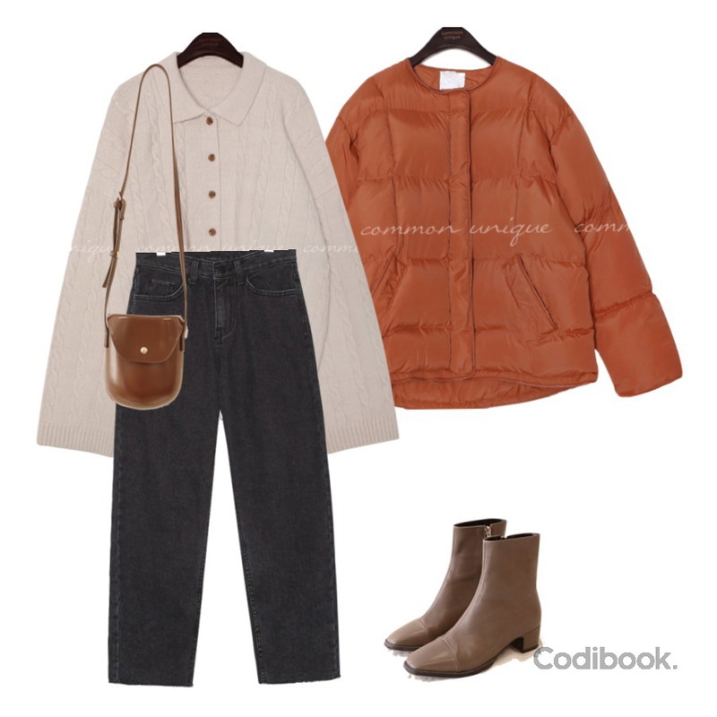 common unique MOST CUTTING BAGGY DENIM PANTS,common unique HIDDEN PIPING NO COLLAR PADDING,common unique SIGNAL TWIST COLLAR KNIT CARDIGAN등을 매치한 코디