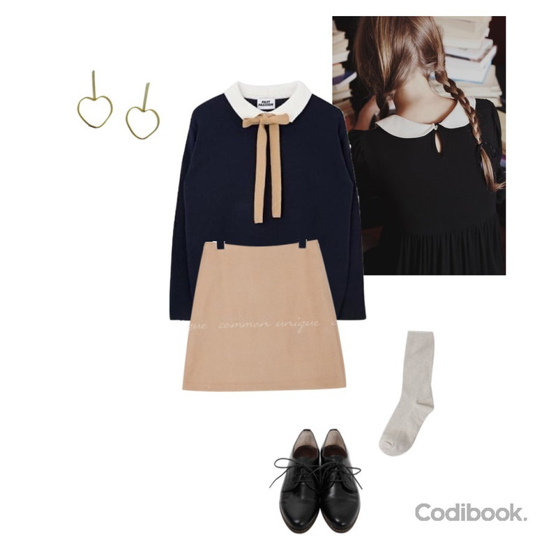 photo,MIXXMIX 모모 리본 니트,common unique 6 COLOR MOVE NAPPING MINI SKIRT등을 매치한 코디