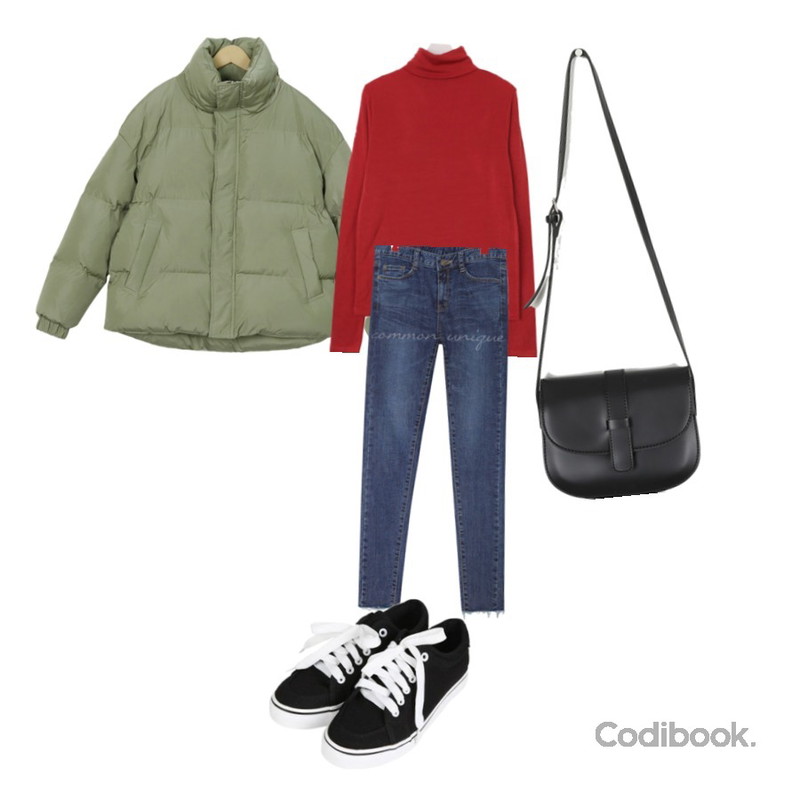 From Beginning Plan tender wellon padding_K (size : free),common unique SNACK NAPPING CUT DENIM SKINNY,BULLANG GIRL 따뜻해버려폴라T(기모)등을 매치한 코디