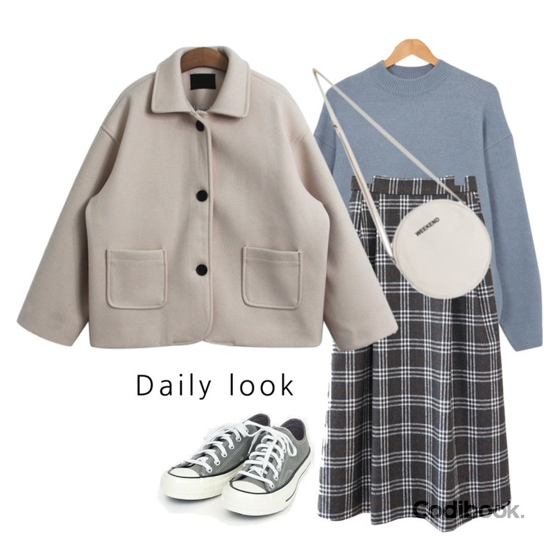 BULLANG GIRL 위캔드탬버린백,AWAB 포근반폴라박스니트,AFTERMONDAY check flared skirt (2colors)등을 매치한 코디