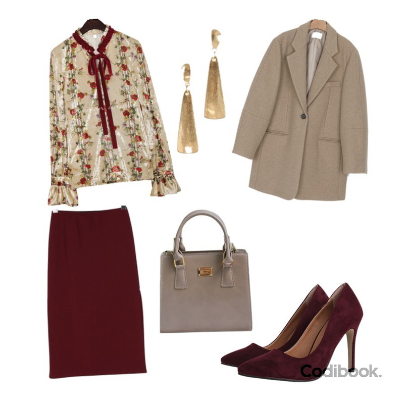 BULLANG GIRL 무지밴딩옆트임SK,somedayif top view long jacket (2colors),common unique [TOP] GLOSSY VELVET FLOWER TIE BLOUSE등을 매치한 코디