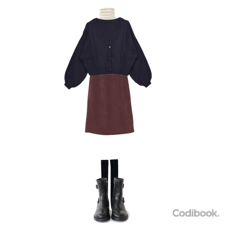 MIXXMIX 브링 꽈베기 가디건,somedayif thin corduroy slit skirt (4colors),Reine 제레미 슬림 삭스등을 매치한 코디