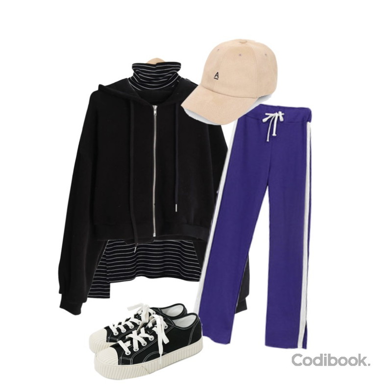 BLINGIT 옆트임라인트랙팬츠,From Beginning Soft stripe pola T_H (size : free),GIRLS RULE 양기모 숏 후드집업 (jk781)등을 매치한 코디