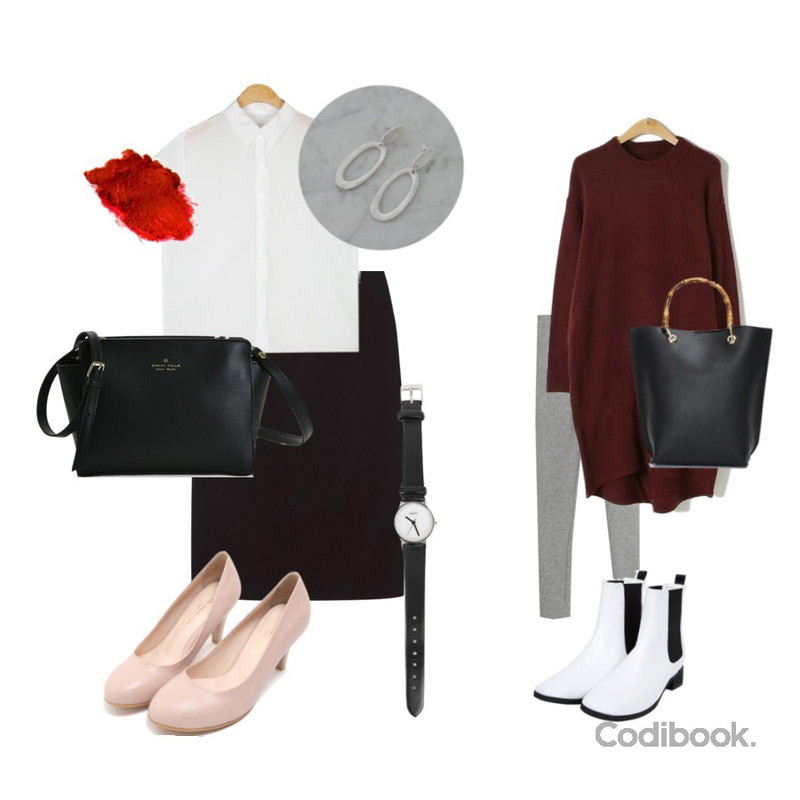 common unique [SKIRT] FINE PINTUCK SLIT MIDI SKIRT,ENVYLOOK 메이원피스,AWAB (예쁘진)핫팩기모레깅스등을 매치한 코디