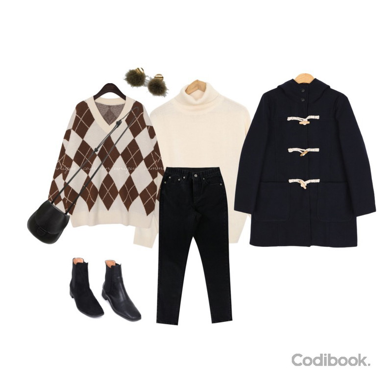 common unique [TOP] ARGYLE WOOL LOOSE V NECK KNIT,Zemma World 2018 Winter Cheese Jean(ver.워시드시크릿)(플랫기모),AWAB 클래식기본폴라니트등을 매치한 코디