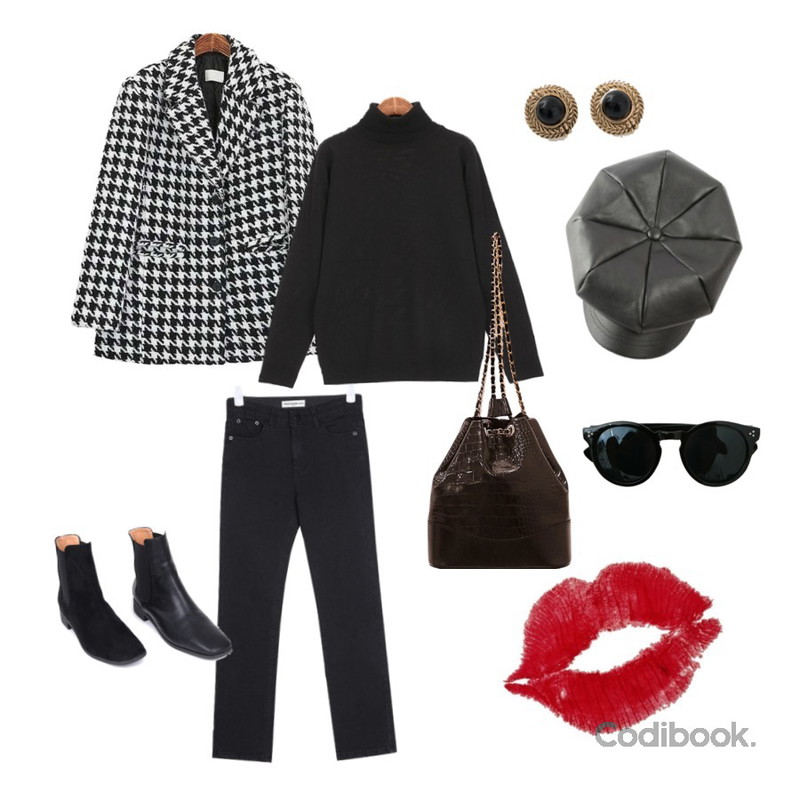 AIN front square ankle boots (230-250),AIN SHALOM black denim pants (s, m, l),ROCOSIX 투스 체크 자켓(울65%)등을 매치한 코디