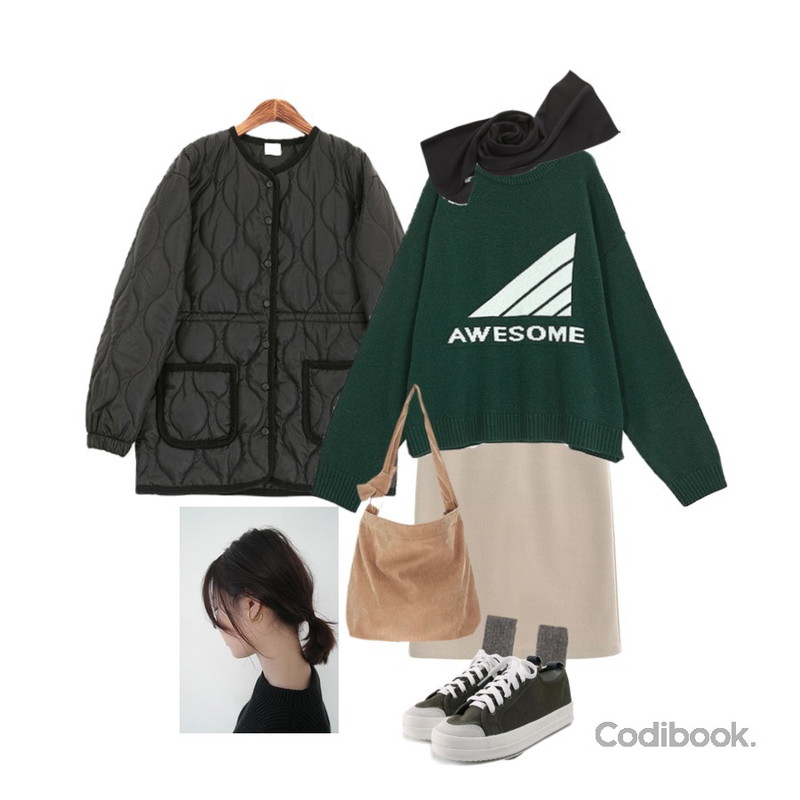 ROCOSIX 저스트 누빔 자켓,AFTERMONDAY bold earcuff (2colors),ROCOSIX 보드리 롱 스커트등을 매치한 코디