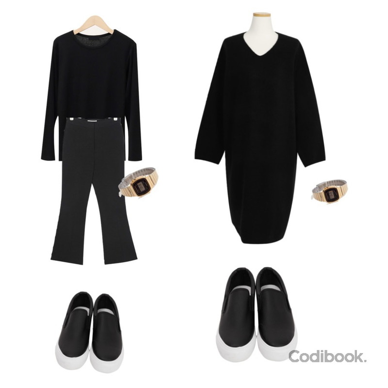 From Beginning Mate slip-on_B (size : 225,230,235,240,245),AIN FRESH A 155cm boots cut slacks (s, m, l),From Beginning Brandy basic round T_K (size : free)등을 매치한 코디