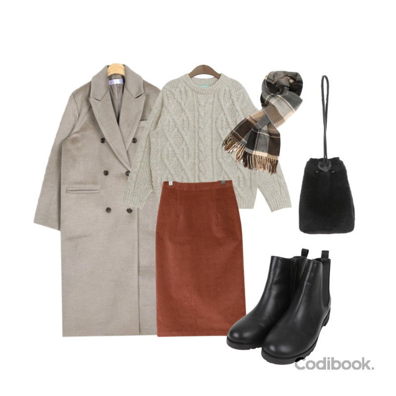 Zemma World 자체제작/ PBP. Ranking-코듀로이스커트,AIN december double coat,TODAY ME 바이드 니트등을 매치한 코디