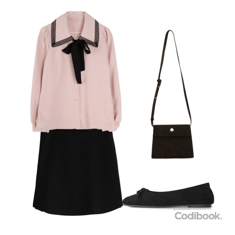 AFTERMONDAY adorable soft flat shoes (5colors),GIRLS RULE 블랙스완 리본 블라우스 (bl698),GIRLS RULE 도톰 니트 스커트 (sk1514)등을 매치한 코디