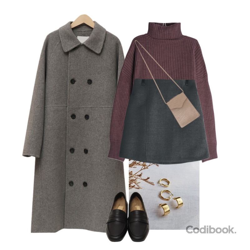 HEYLADY 베론 빈티지 이어링,GIRLS RULE 비긴 어게인 터틀넥 니트 (kn641),From Beginning Baguette double handmade coat_M (울 100%) (size : free)등을 매치한 코디