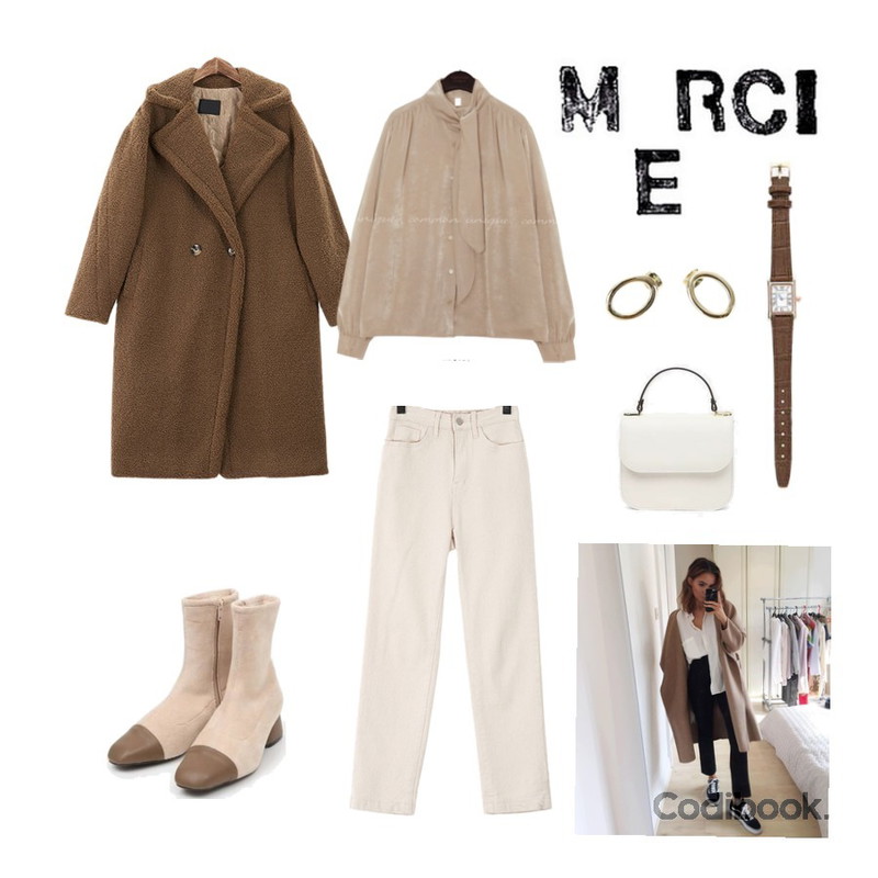 ROCOSIX 마룬 원버튼 코트,ROCOSIX 모모엠 기모 팬츠,common unique MARIN CUPRA HALF NECK TIE BLOUSE등을 매치한 코디