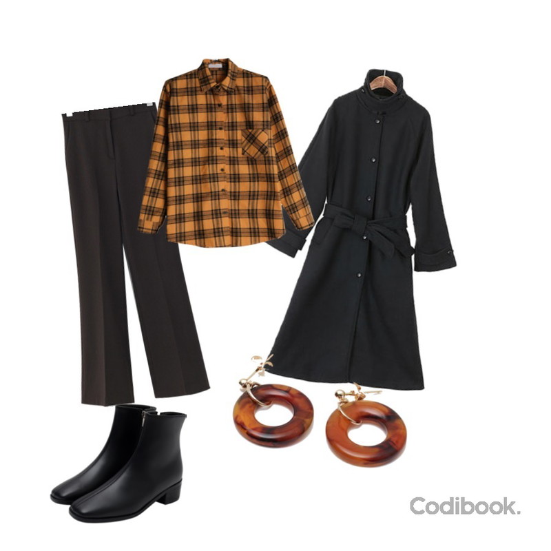 From Beginning Haze slim boots_K (size : 225,230,235,240,245,250),ROCOSIX 소엔울 싱글 코트,BANHARU napping boots-cut slacks등을 매치한 코디