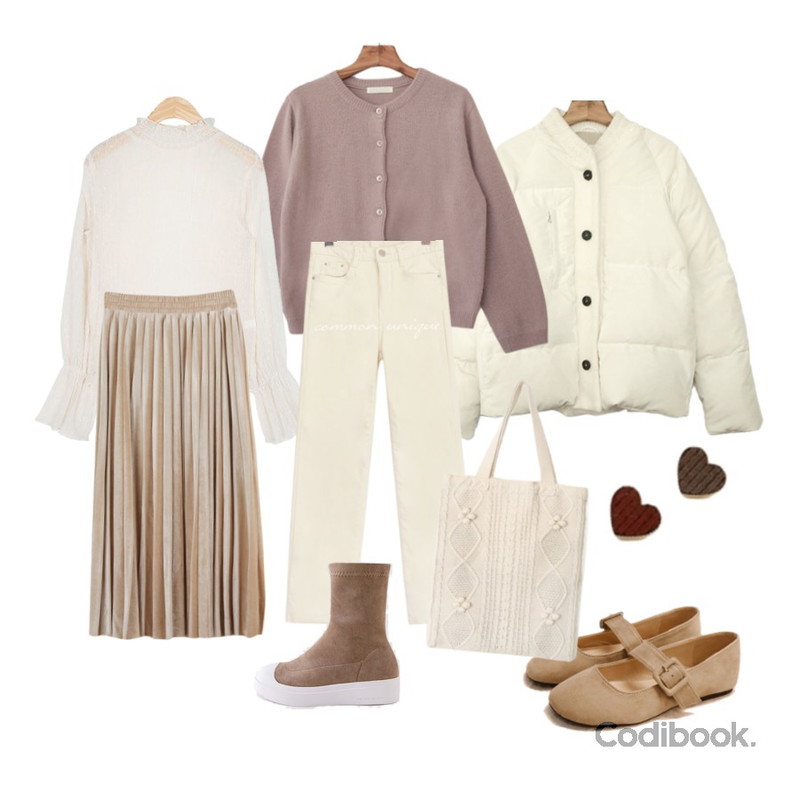 AIN dot see through frill blouse,Zemma World [수요일까지 5% 할인♥]Melodymood-앙고라가디건(울60%,앙고라20%),Zemma World Uncover-덕다운패딩(덕다운100%)등을 매치한 코디