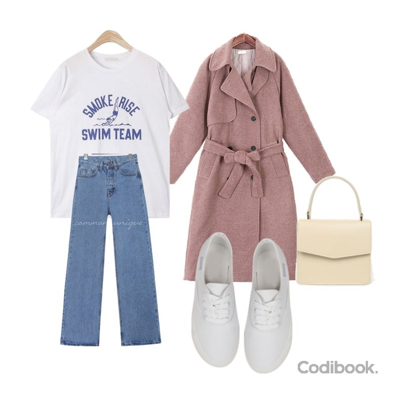 AIN swim team T,ROCOSIX 빈스 누빔 롱 코트,common unique KIT STRAIGHT DENIM PANTS등을 매치한 코디