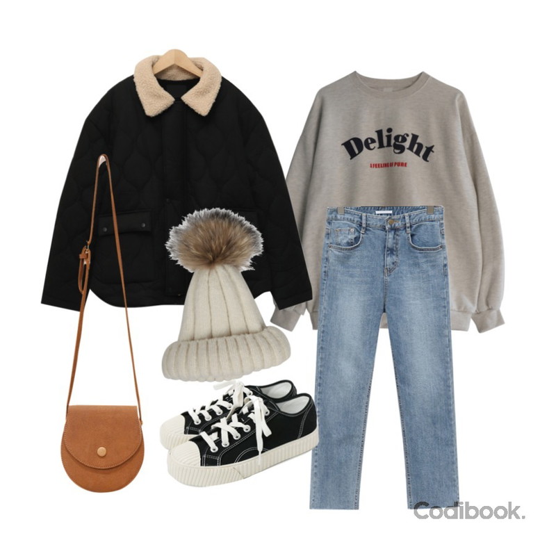 From Beginning Mono slim straight denim_K (기모) (size : S,M,L),From Beginning Walnut quilting jumper_M (size : free),GIRLS RULE 양기모 딜라잇 벌룬 맨투맨 (t5791)등을 매치한 코디
