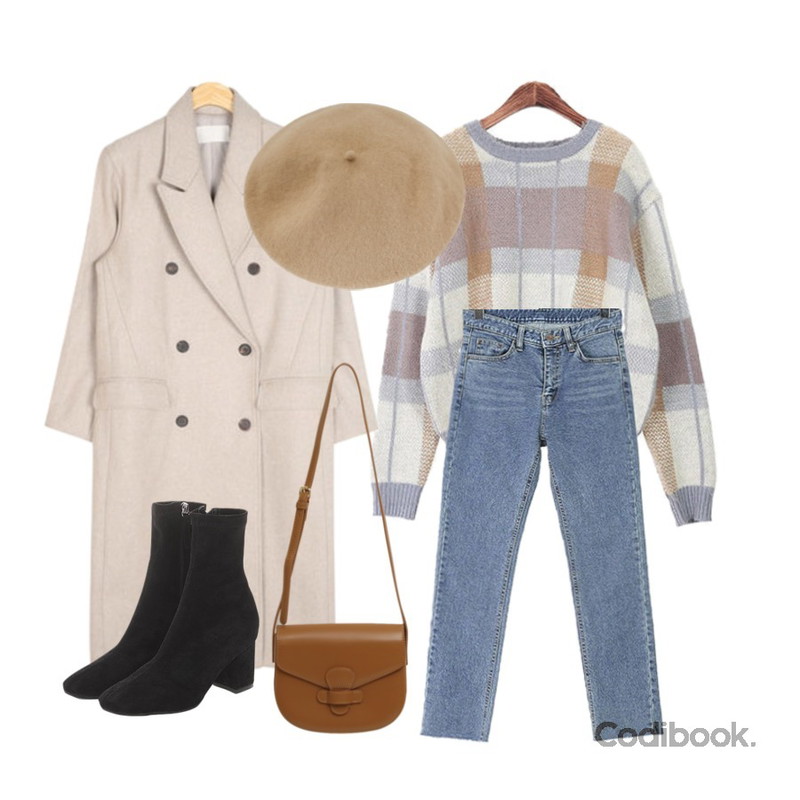 AIN prorsum double long coat,ROCOSIX 블레온 체크 니트,ROCOSIX 펠드 기모 데님 팬츠등을 매치한 코디
