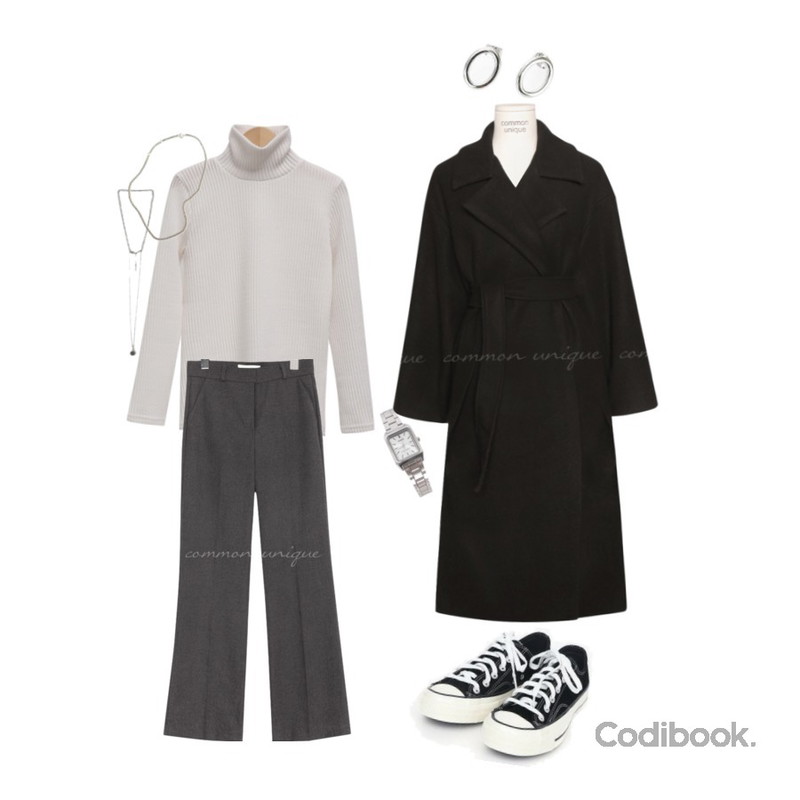 AIN coloring canvas sneakers (225-250),common unique [OUTER] SEASON STRAP SLIT ROBE LONG COAT,From Beginning Crescent soft pola knit_B (size : free)등을 매치한 코디