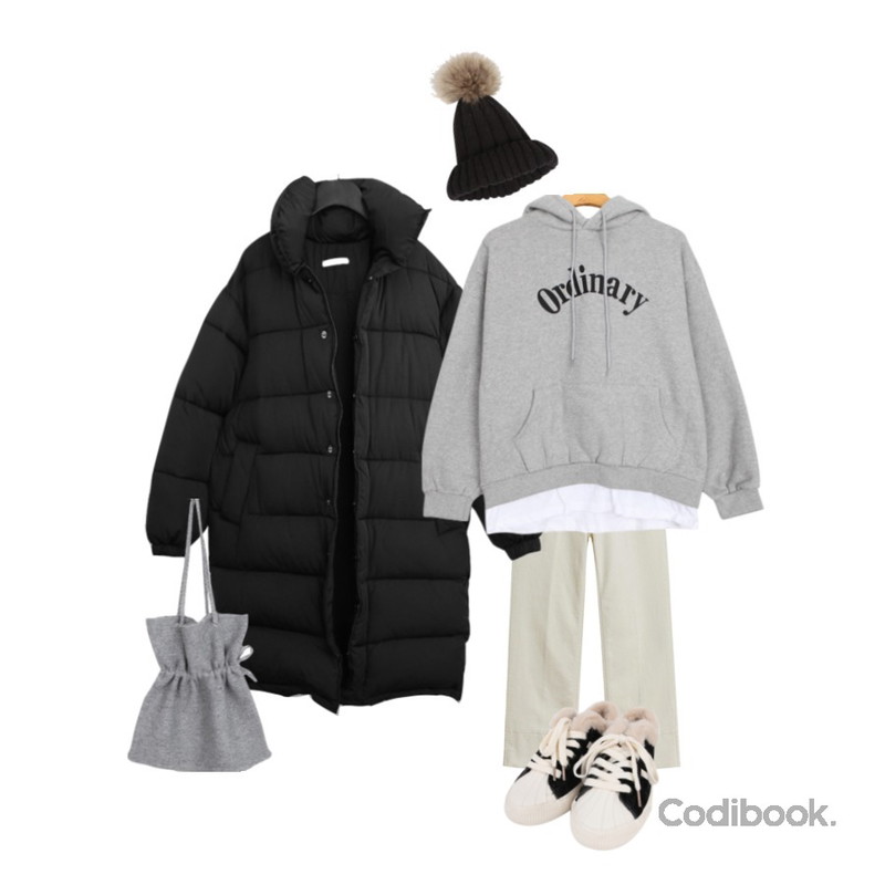 TODAY ME 웨디 팬츠,AFTERMONDAY soft texture long padding (2colors),BULLANG GIRL 굿오디너후드티(기모)등을 매치한 코디