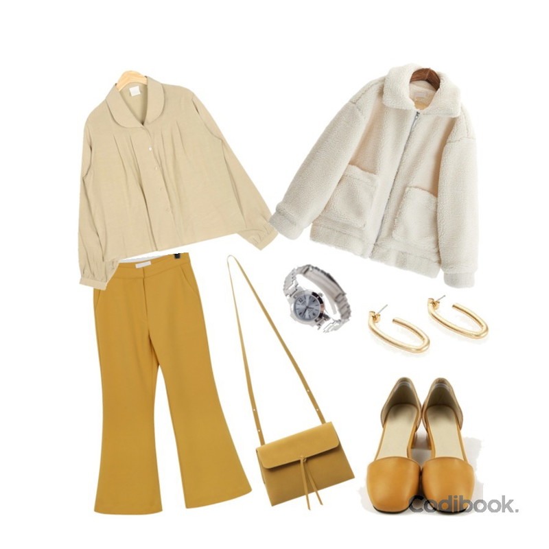 From Beginning Spring slit boots-cut slacks_B (size : S,M),ROCOSIX 포미 양털 자켓,AIN rund collar blouse등을 매치한 코디