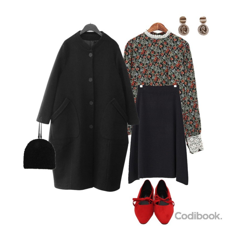 From Beginning Petit ribbon stiletto shoes_Y (size : 225,230,235,240,245,250),ROCOSIX 노웨이 플라워 블라우스,BANHARU knit banding flare skirt등을 매치한 코디