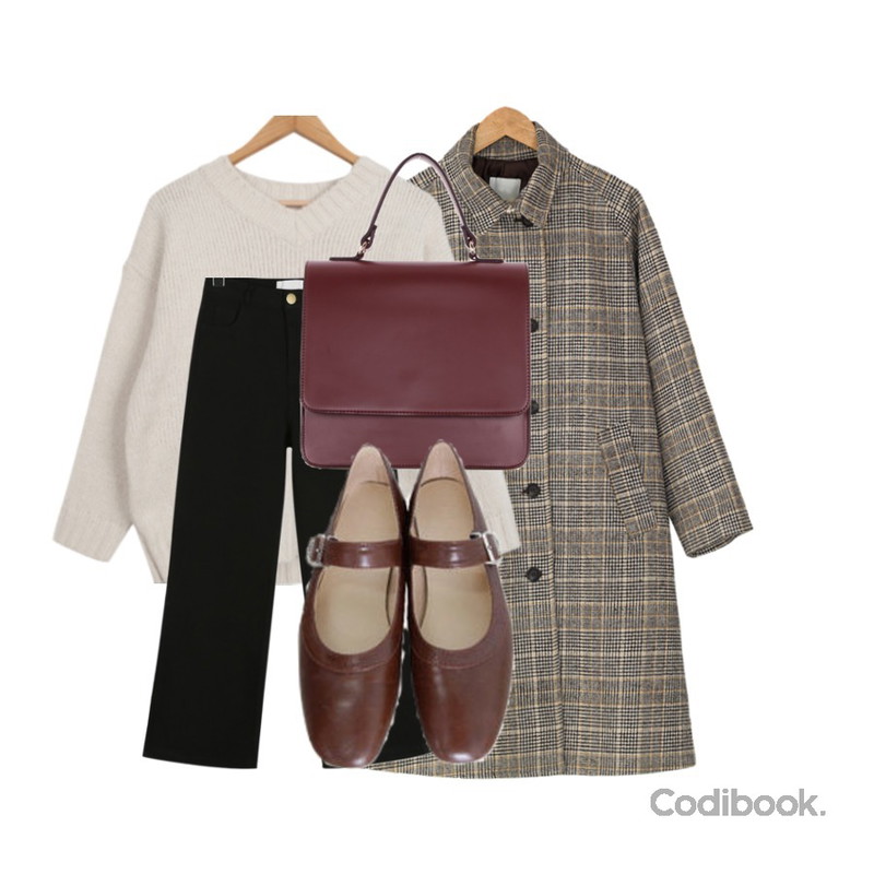 BANHARU check pattern wool coat,BULLANG GIRL 솜사탕브이넥니트,daily monday Black flared fluffy pants등을 매치한 코디