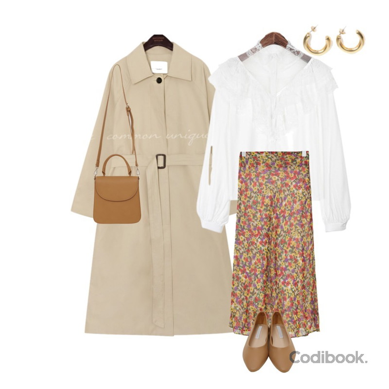 BANHARU flower chiffon skirt,common unique MATTE RAGLAN TRENCH MAC COAT,ROCOSIX 초이 페미닌 블라우스등을 매치한 코디